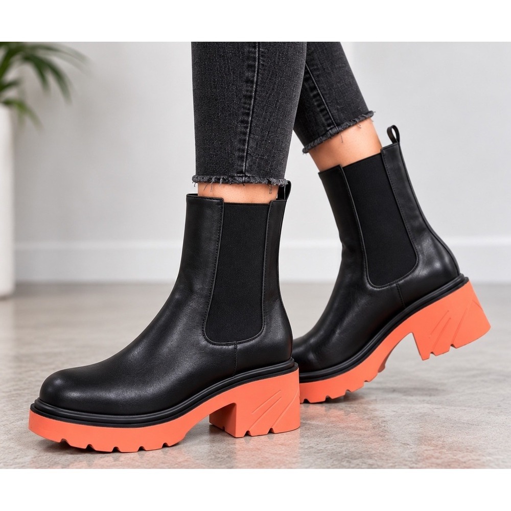 Vivianly Womens Chelsea Platform Chunky Heel Boot Size 7.5 Black Pink Lug Sole